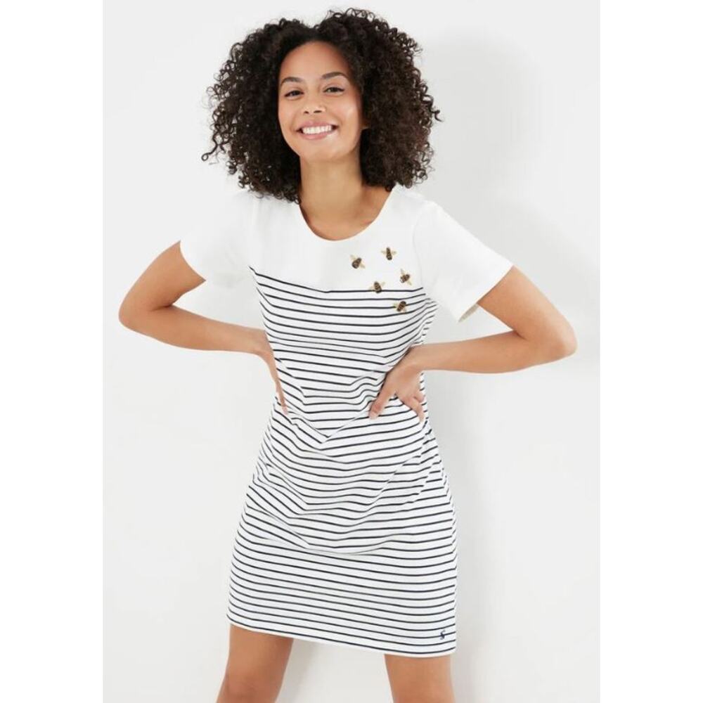 Joules Women's Riviera Embroidered/Beaded Bee Short Sleeve Stripe Jersey Dress 2